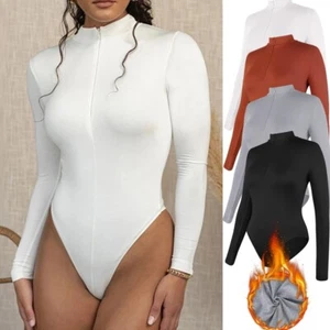 Women Mock Turtle Long Sleeve Bodysuit Shapewear Slimming Thong Warm Jumpsuit US - Picture 1 of 14