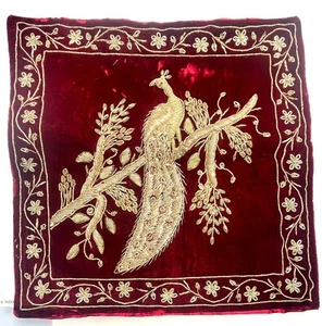 Razia Zardozi Gold Metal Thread Bead Embroidered Velvet Peacock Pillow Case D - Picture 1 of 6