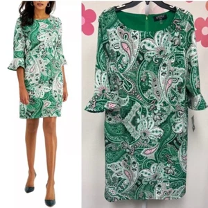KASPER Printed Ruffle-Sleeve Sheath Green Paisley Print Dress Women’s Size 8 NEW - Picture 1 of 6