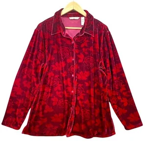Vintage French Laundry Red Rose Velvet Button Down Lounge Shirt Size L - Picture 1 of 4