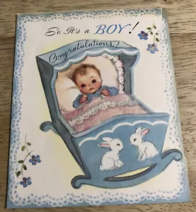 Vintage Grußkarte Baby Junge - Russ Bastelkarte mit Figuren - beflockt - gebraucht - Bild 1 von 7