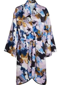 Langer Satin Kimono Gr 40/42 Softflieder Schwarz Bedruckt Damen Morgenmantel Neu - Bild 1 von 1