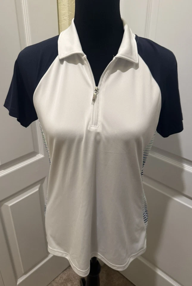 Camisa deportiva Izod Golf para mujer mediana 1/4 cremallera top blanco azul marino rayas Foto 1 de 4