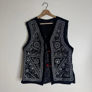 VtgTurkish Vest women's Large Velvet Silver Embroidered Mirror Folk Costume 90s - Picture 1 of 11