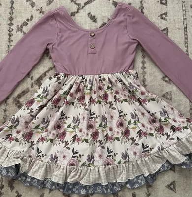 5T Cheeky Plum Floral Twirl Ruffled Dress Girls Purple & White w/Tie in Back EUC - Image 1 of 4