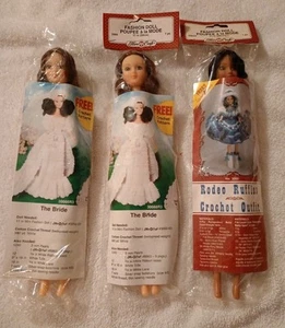 3 Vintage Fibre Craft 11' Fashion Dolls 3066/3066B Crochet Patterns Bride/Rodeo - Picture 1 of 4