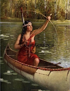 Antique 1926 Art Deco PinUp Print Indian Maiden Minneota Bow & Arrow Canoe - Picture 1 of 1