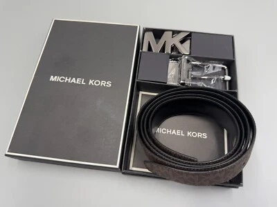 Michael Kors Hombre 4 en 1 MK Logo Cuero Reversible Cinturón Caja Set MARRÓN/NEGRO Foto 1 de 4
