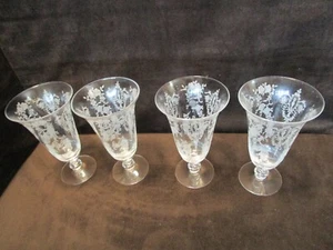 Tiffin Crystal etched Cherokee-rose set 4-Ice footed Tea Tumblers 10 Oz. 1940's - Picture 1 of 8