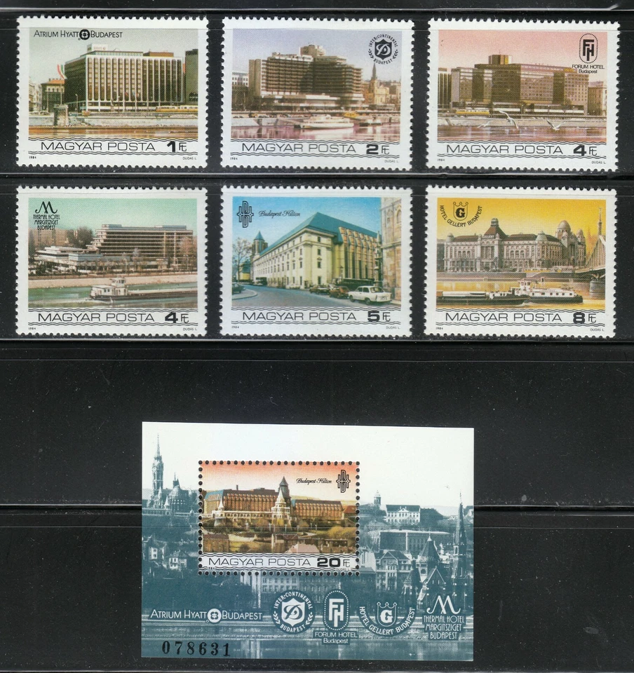 Hungary 1984 MNH Mi 3701A-3706A+Block 174A Sc 2863-2869 Budapest Hotels  ** - Image 1 of 1