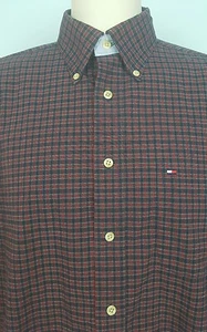 Tommy Hilfiger Shirt Sz L Button Down LS Red Blue Plaid Flag Logo Pocket Stretch - Picture 1 of 11