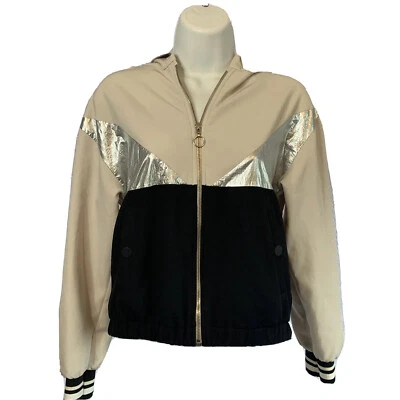 Женская куртка с капюшоном Zara на молнии 10 укороченная бежевая черная серебристая фольга с карманами на кнопках - Изображение 1 из 4