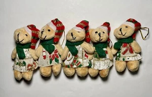 5pc 3in Small Plush Bear Christmas Tree Ornaments Decorated Hat Scarf Hanging - Foto 1 di 9
