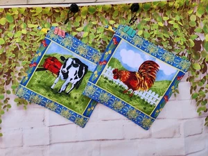 Set 2 handmade pot holders Hot pads FARM ROOSTER & A COW FLOWERS COUNTRY - Picture 1 of 2
