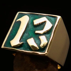 STUNNING SQUARE SHAPED MENS BRASS LUCKY NUMBER 13 BIKER RING GREEN SIZE 9 - Picture 1 of 7