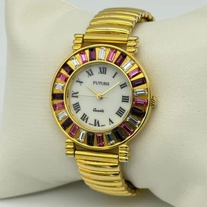 Women's FUTURA Gold Tone, Pink Crystal Accent Bracelet Watch, White Dial, Runs - Picture 1 of 7