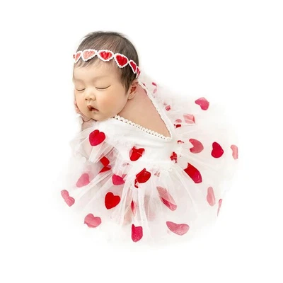 Roupa fotográfica de menina recém-nascida, macacão de renda vermelha, faixa de amor, adereços fotográficos, 0-1M - Imagem 1 de 4