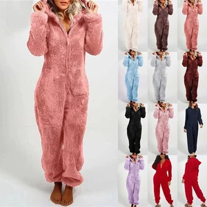 Womens Fluffy Teddy Fleece 1Onesie Cosy Hooded Jumpsuit Dressing Gown Bathrobe - Picture 1 of 27