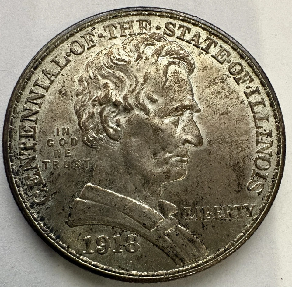 Medio dólar de plata conmemorativo del centenario de Illinois 1918 (deslustrado/corrosión) Foto 1 de 3