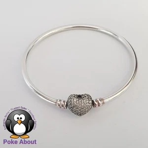 Genuine Pandora Always in my heart pave Heart clasp Silver bangle 17cm - Picture 1 of 8