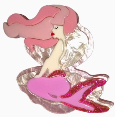 Modern Arcrylic Handmade BROOCH 3D Pink Mermaid Long Hair In Oystershell Glitter - Image 1 of 4