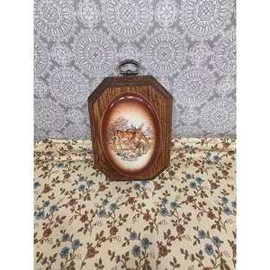 Vintage White Tailed Deer Wall Hanging Plaque Oval Ceramic Tile Wood Frame - Picture 1 of 7