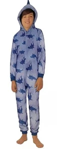  SHARK boys union suit hooded pajamas 1 piece fleece sleeper size MEDIUM  8 - Picture 1 of 7