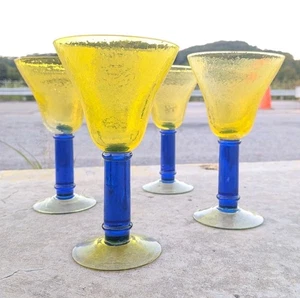 Vintage Kosta Boda Yellow / Blue Wine Glasses Goblets Set of 4 Memphis Cadmium - Picture 1 of 18