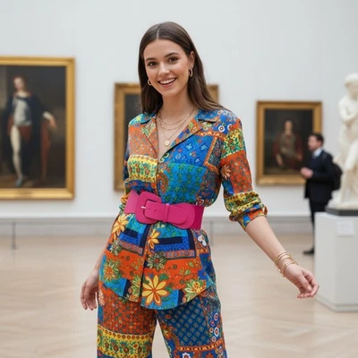 Women Fuchsia Pink Elastic Waistband Colorful Style Fashion Belt Big Buckle S M - Image 1 of 4