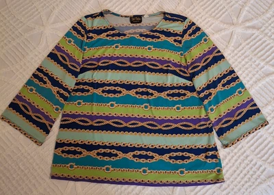 Top Bob Mackie Usable Art Medio Azul Púrpura Cadena Rayas Manga 3/4 Elástico Foto 1 de 4