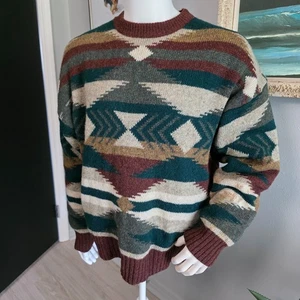 Vintage Structure Mens XL 100% Wool Round Neck Aztec Sweater - Picture 1 of 8