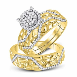 10kt Yellow Gold His Hers Round Diamond Cluster Matching Wedding Set 3/8 Cttw - Picture 1 of 5