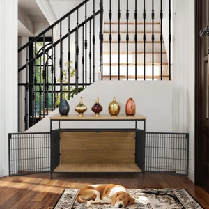 Dog Crate Furniture Large Double Cage Lockable Indoor Metal Frame Wood Finish - Picture 1 of 19