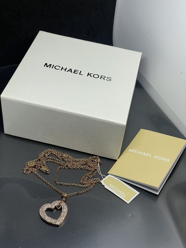 Nuova autentica collana michael kors cuore pavimentazione cristalli rosa oro 32 36"" nuova con scatola