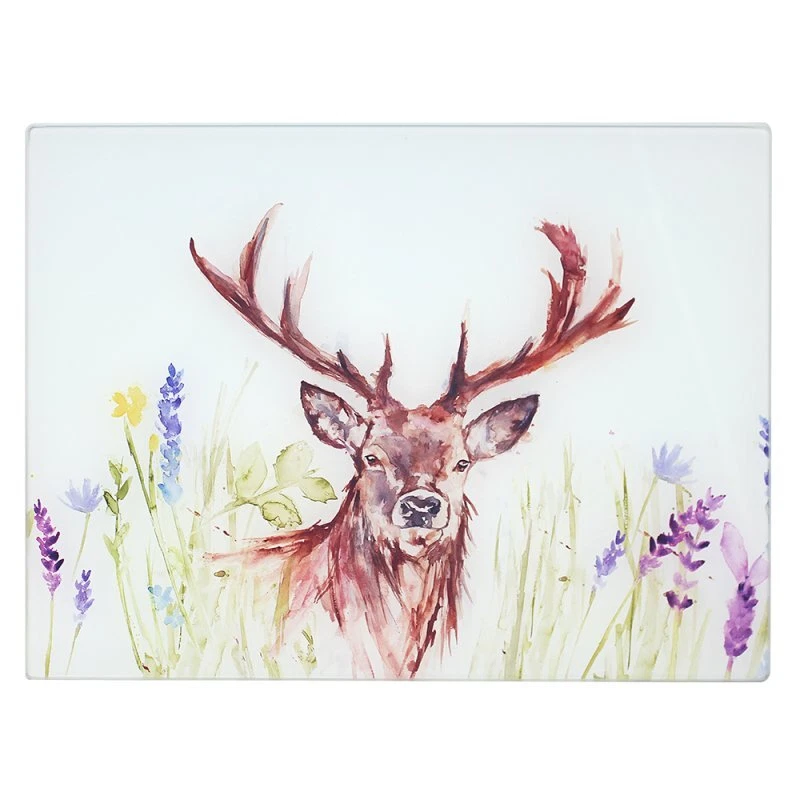 Highland Stag Toughened Glass Cutting Chopping Board Serving Floral Deer Pattern - Image 1 of 1