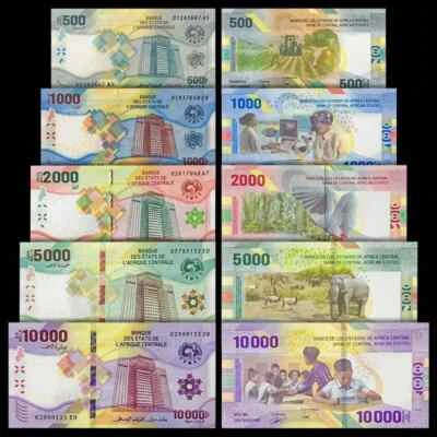 Central African States Set 5 Pcs 500 1000 2000 5000 10000 Francs 2020 2022 UNC - Image 1 of 4