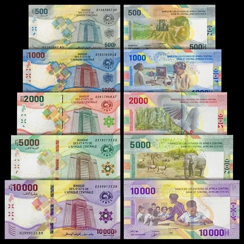 Central African States Set 5 Pcs 500 1000 2000 5000 10000 Francs 2020 2022 UNC - Image 1 of 4