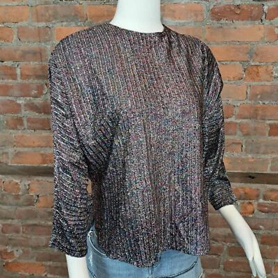 Vintage Blouse Multi Color Metallic and Black Dolman Sleeves Keyhole Back Size M - Image 1 of 4