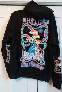 FRESH LAUNDRY HAVE A NICE TRIP EXPLORE MUSHROOM BLACK COLORFUL HOODIE MENS M NWT - Picture 1 of 6