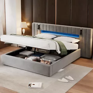 Polsterbett Doppelbett Kingsize 180x200cm Ehebett Bettgestell Mit LED Licht USB - Bild 1 von 10