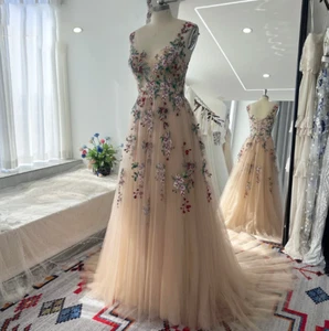 Colored Embroidery Floral Wedding Dresses Soft Tulle Champagne Bridal Gowns - Picture 1 of 10