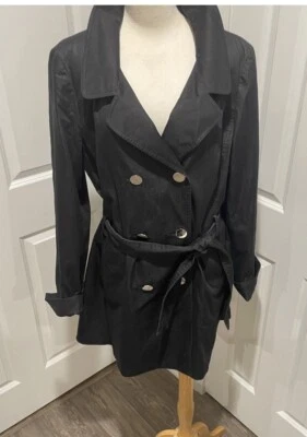 Trench coat Tahari com cinto preto sarja comprimento do joelho feminino tamanho 12 vintage - Imagem 1 de 4