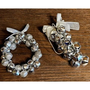 Silver 5" Jingle Bells Grape Cluster and Wreath Christmas Ornaments Set of 2 - Picture 1 of 4