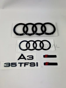 Audi A3 + 35TFSI + S-LINE GLOSS BLACK PREMIUM BADGE FRONT REAR RINGS 2020+ - Picture 1 of 6
