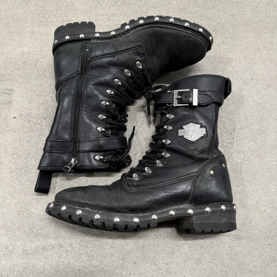 Botas de motocicleta Harley-Davidson de cuero con cordones y cremallera tachonadas para hombre talla 9 Foto 1 de 4