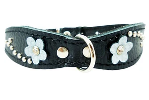 Genuine Leather Dog Collar Studs Flowers 10.5"-13" neck Small Medium Breeds - Picture 1 of 11