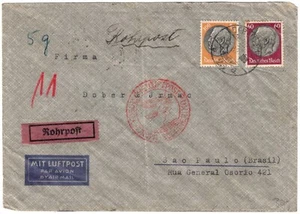1939 Deutschland Rohrpost Luftrohr Luftpost Brief nach Sao Paulo Brasilien - Bild 1 von 2