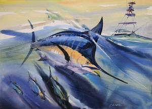 All Eyes on the Blue - Blue Marlin Great Action Giclee Print by Caldwell - - Picture 1 of 1