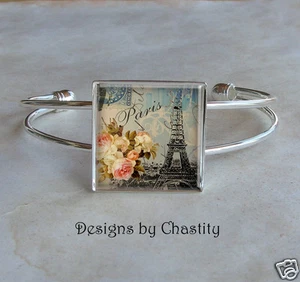 Vintage Paris Postkarte Manschette Glaskunst Armband Armreif Eiffelturm Rose Mix Art - Bild 1 von 1
