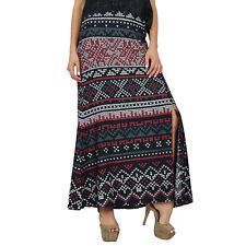 Bimba Women Black Rayon Printed Skirt With Slit Boho Style Maxi Indian Clothing